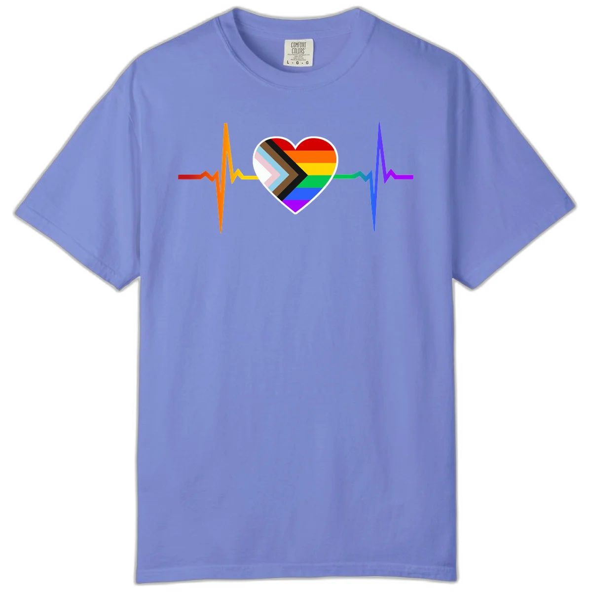 Progress pride heartbeat design featuring a rainbow heart with progress chevron arrow and electrocardiogram pulse line in Flo Blue