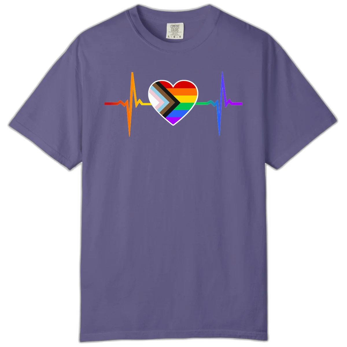 Progress pride heartbeat design featuring a rainbow heart with progress chevron arrow and electrocardiogram pulse line in Grape