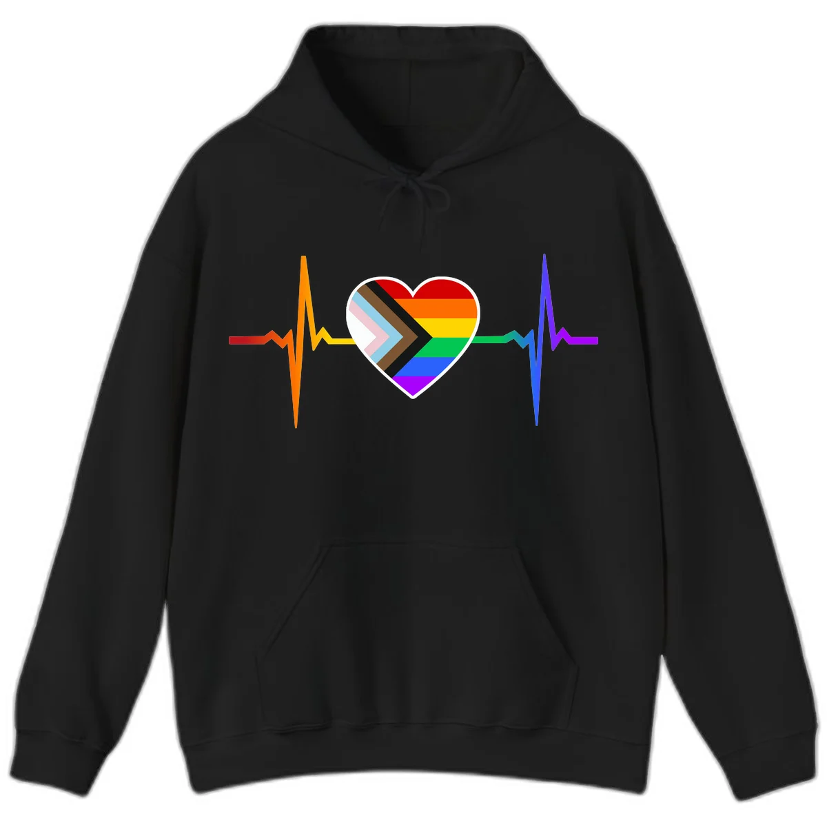 Progress pride heartbeat design featuring a rainbow heart with progress chevron arrow and electrocardiogram pulse line in Black