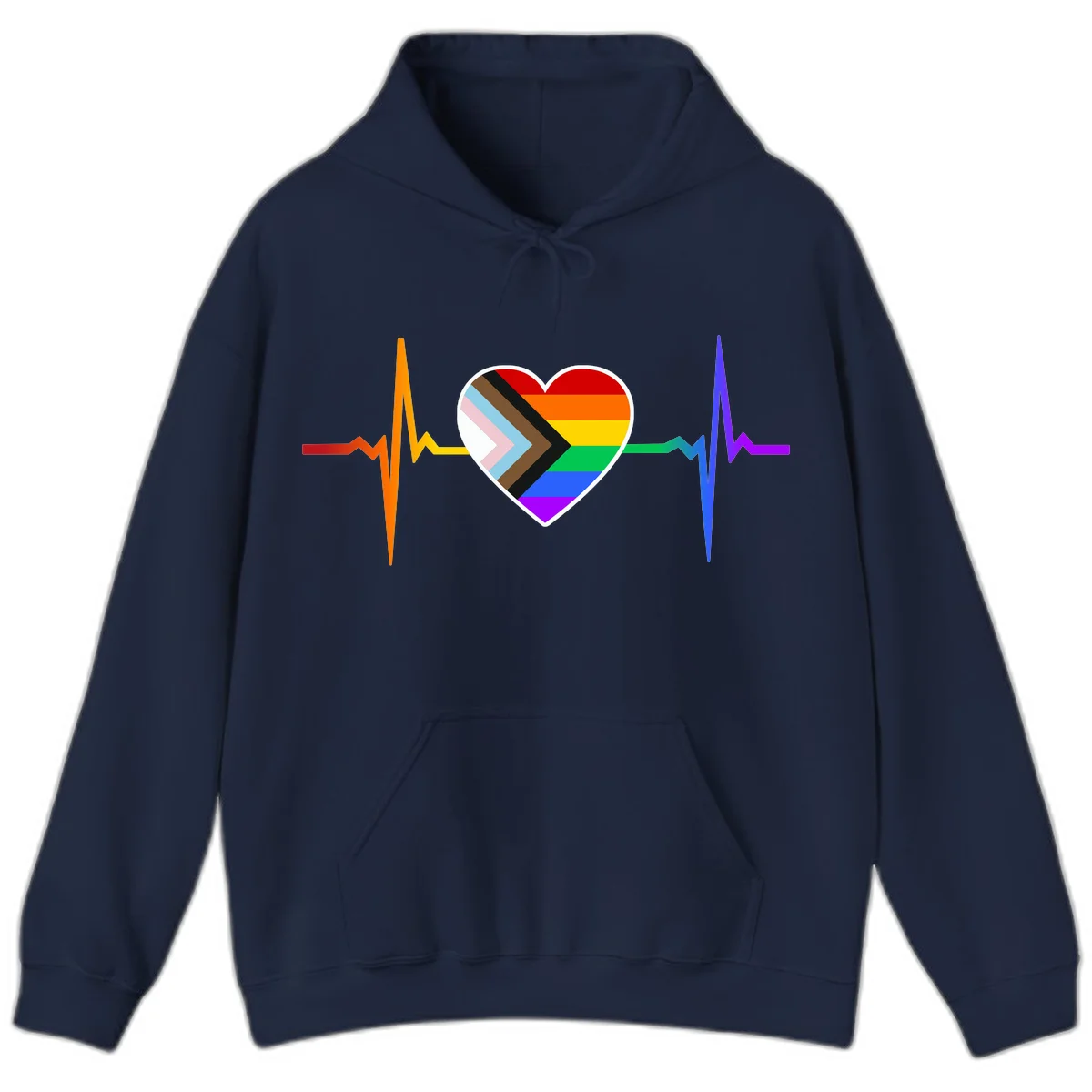 Progress pride heartbeat design featuring a rainbow heart with progress chevron arrow and electrocardiogram pulse line in Navy