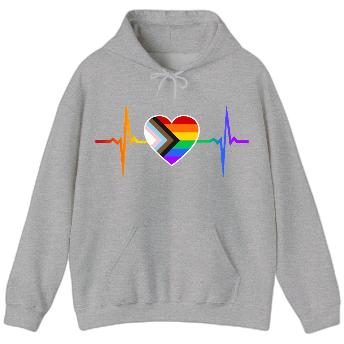 Progress pride heartbeat design featuring a rainbow heart with progress chevron arrow and electrocardiogram pulse line in Sport Grey