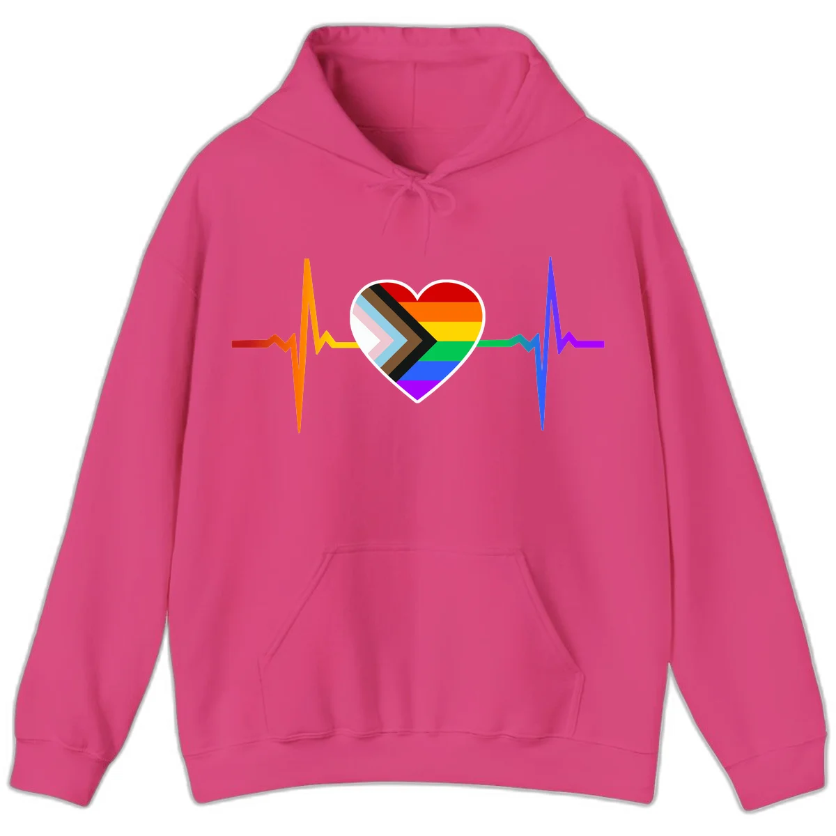 Progress pride heartbeat design featuring a rainbow heart with progress chevron arrow and electrocardiogram pulse line in Heliconia