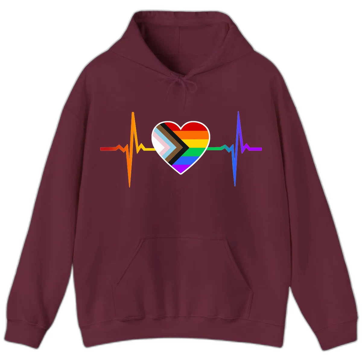 Progress pride heartbeat design featuring a rainbow heart with progress chevron arrow and electrocardiogram pulse line in Maroon