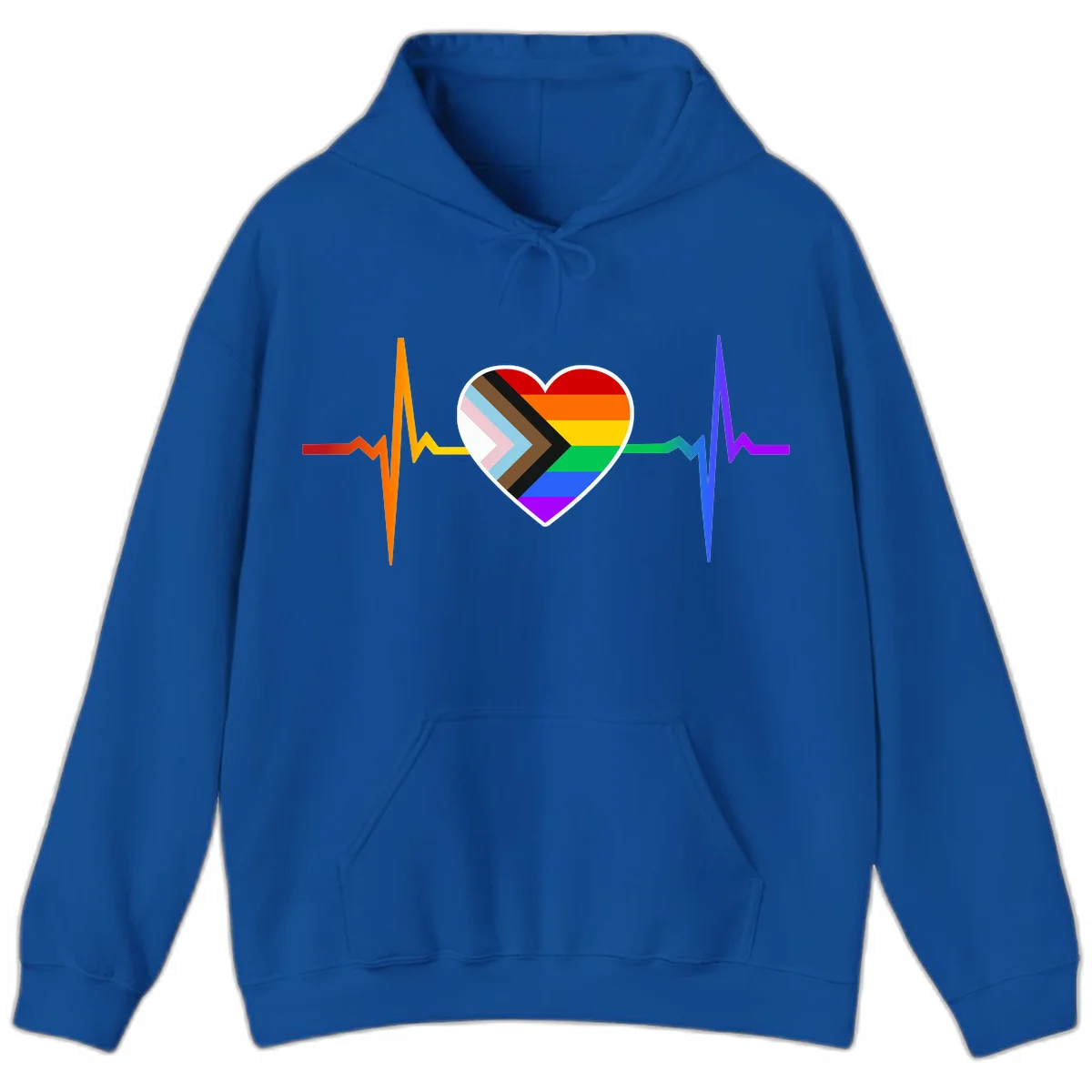 Progress pride heartbeat design featuring a rainbow heart with progress chevron arrow and electrocardiogram pulse line in Royal