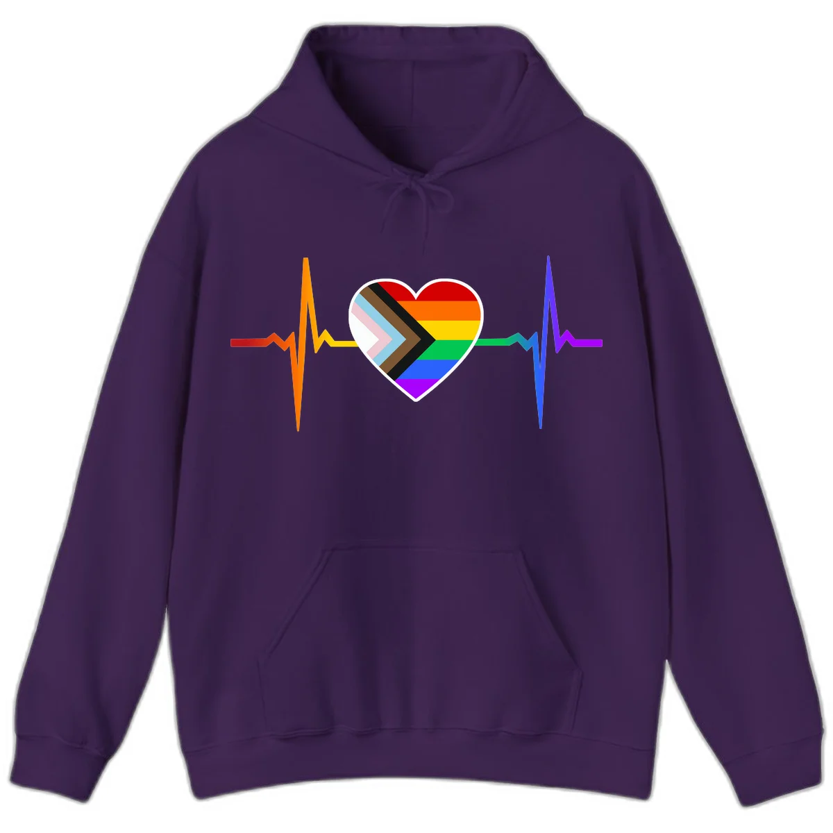 Progress pride heartbeat design featuring a rainbow heart with progress chevron arrow and electrocardiogram pulse line in Purple