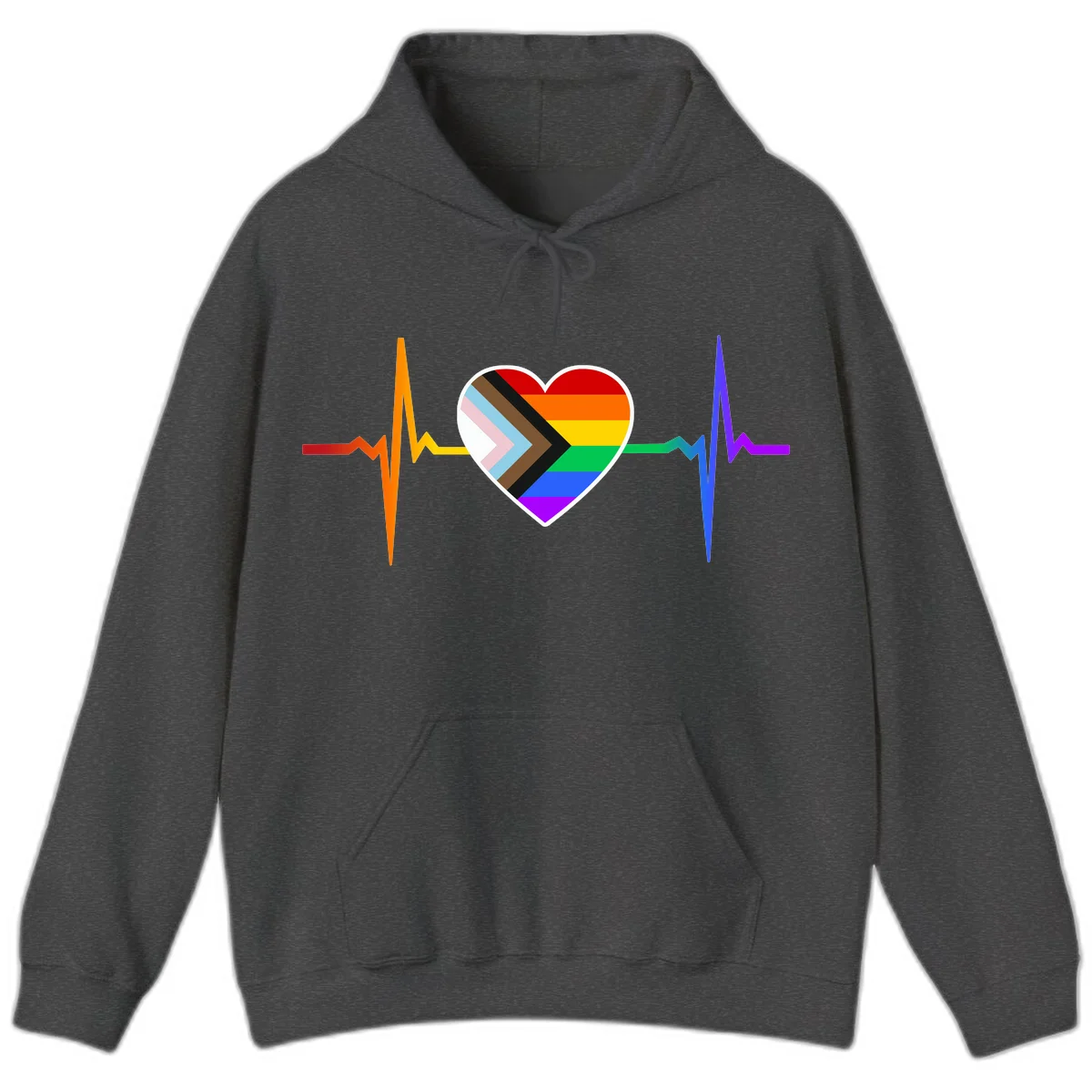 Progress pride heartbeat design featuring a rainbow heart with progress chevron arrow and electrocardiogram pulse line in Dark Heather
