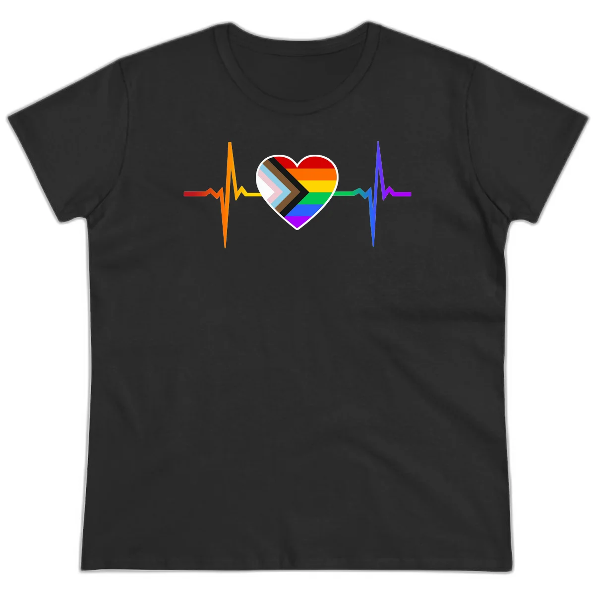 Progress pride heartbeat design featuring a rainbow heart with progress chevron arrow and electrocardiogram pulse line in Black