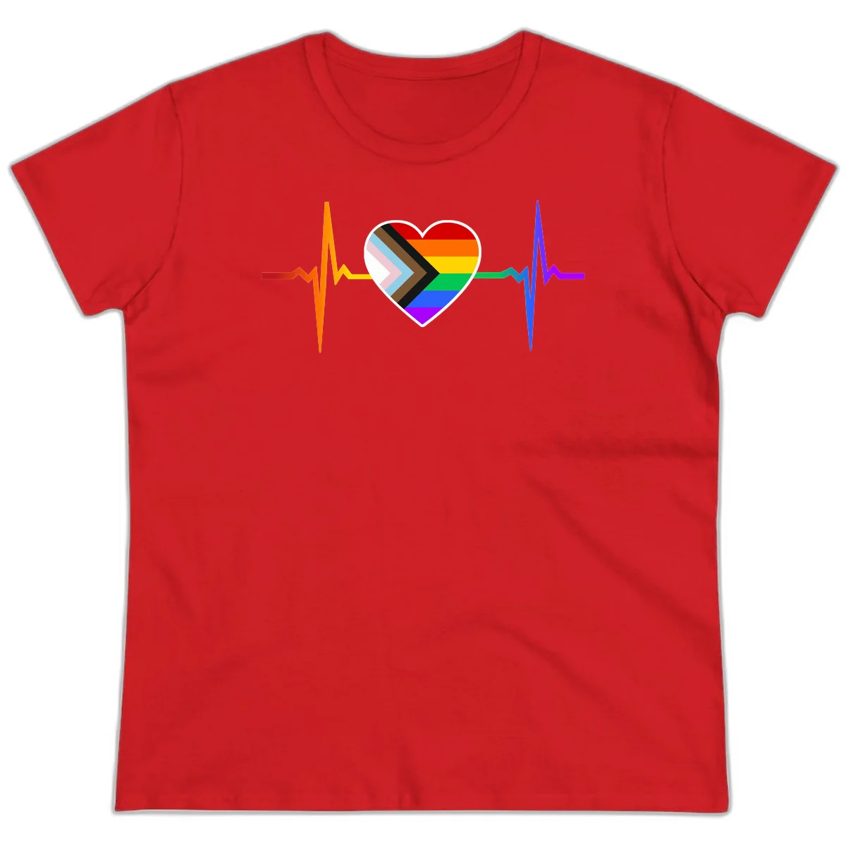 Progress pride heartbeat design featuring a rainbow heart with progress chevron arrow and electrocardiogram pulse line in Red