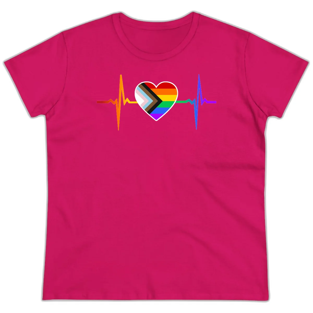 Progress pride heartbeat design featuring a rainbow heart with progress chevron arrow and electrocardiogram pulse line in Heliconia