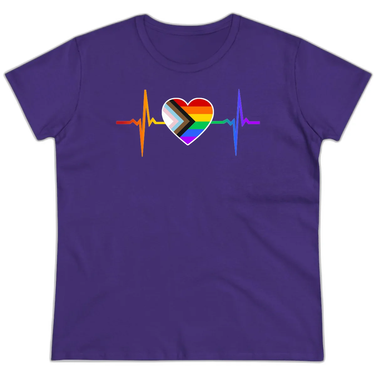 Progress pride heartbeat design featuring a rainbow heart with progress chevron arrow and electrocardiogram pulse line in Purple