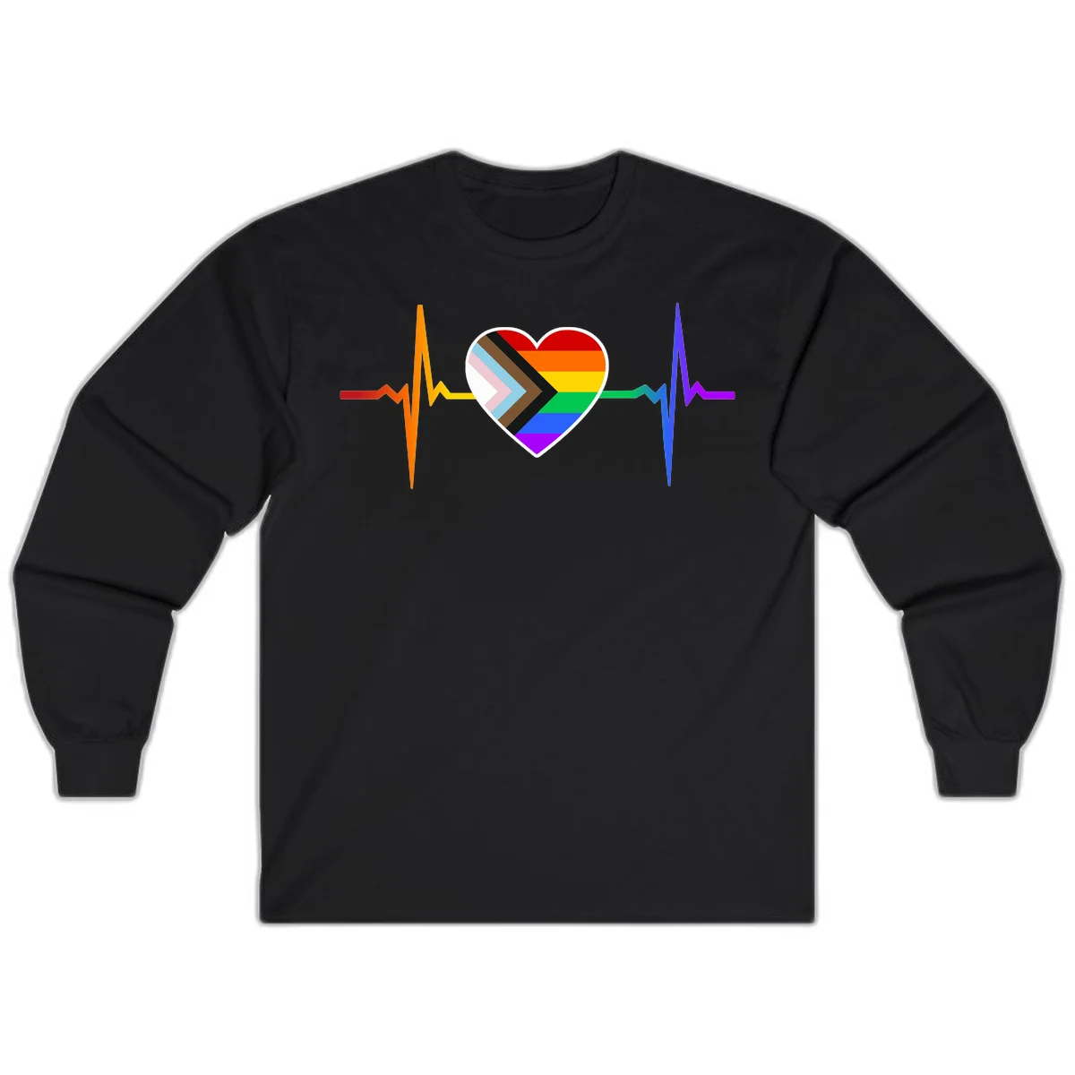 Progress pride heartbeat design featuring a rainbow heart with progress chevron arrow and electrocardiogram pulse line in Black