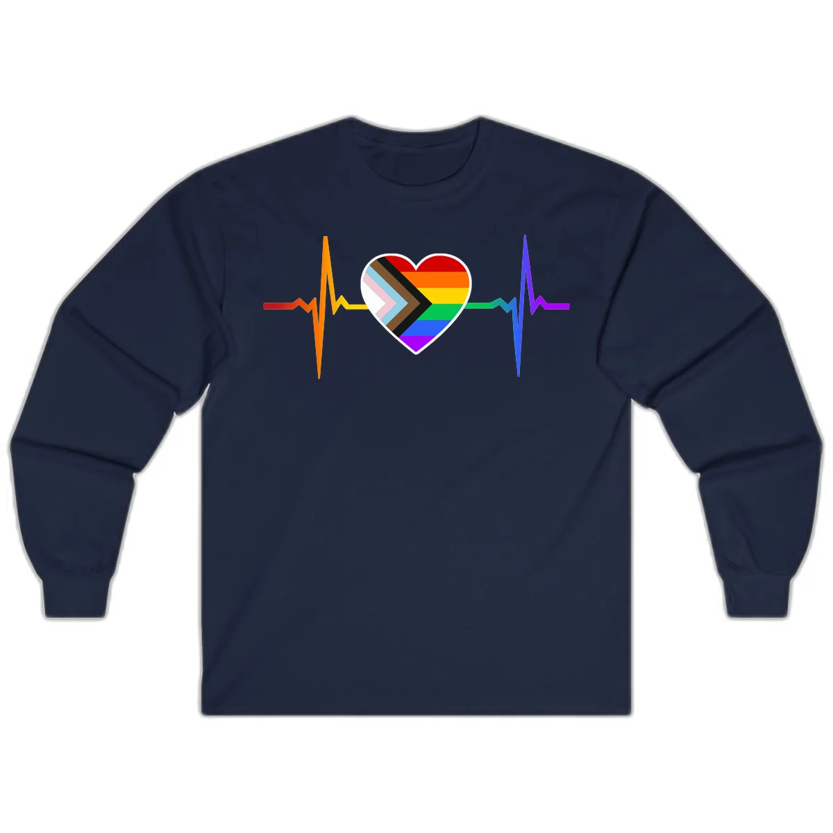Progress pride heartbeat design featuring a rainbow heart with progress chevron arrow and electrocardiogram pulse line in Navy
