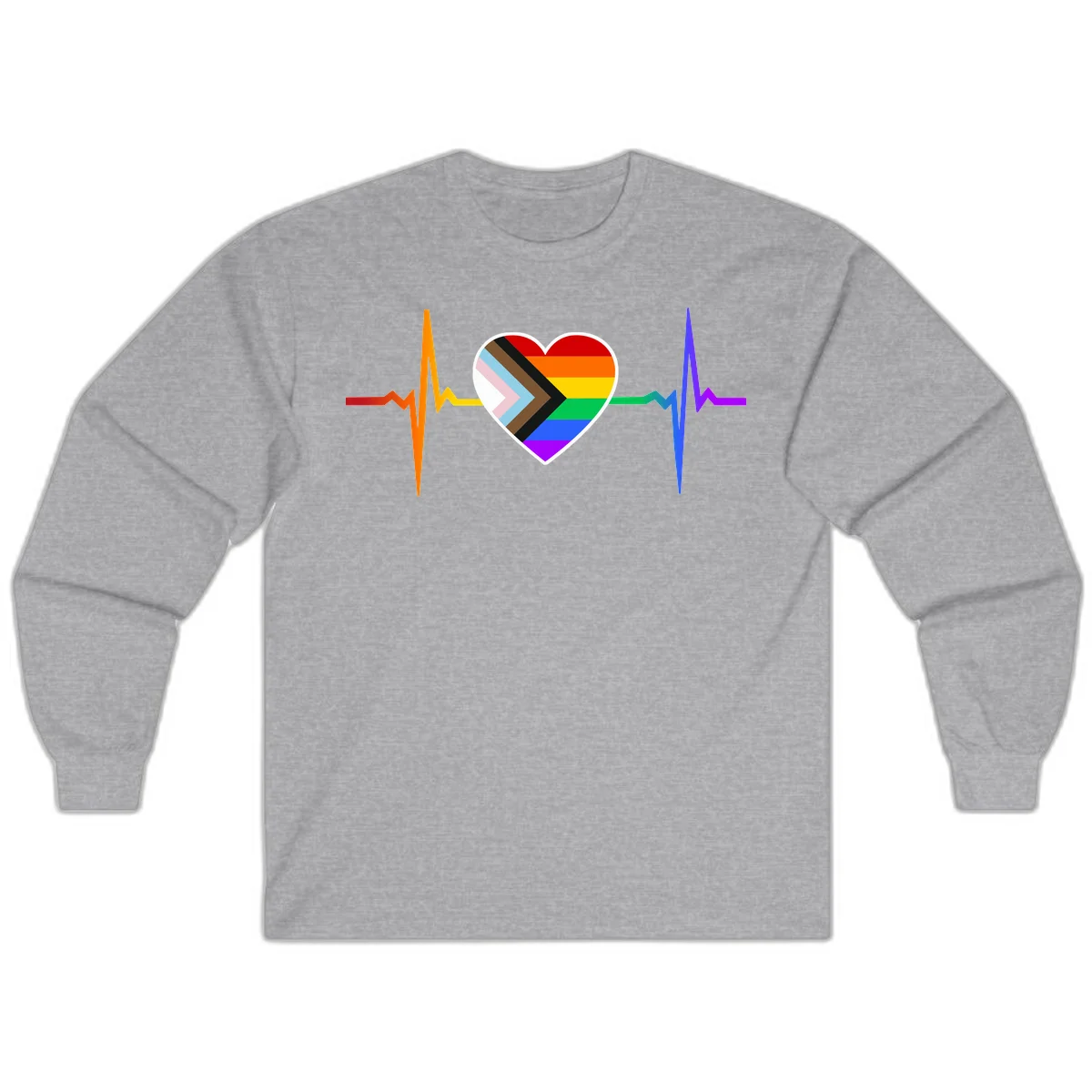 Progress pride heartbeat design featuring a rainbow heart with progress chevron arrow and electrocardiogram pulse line in Sport Grey