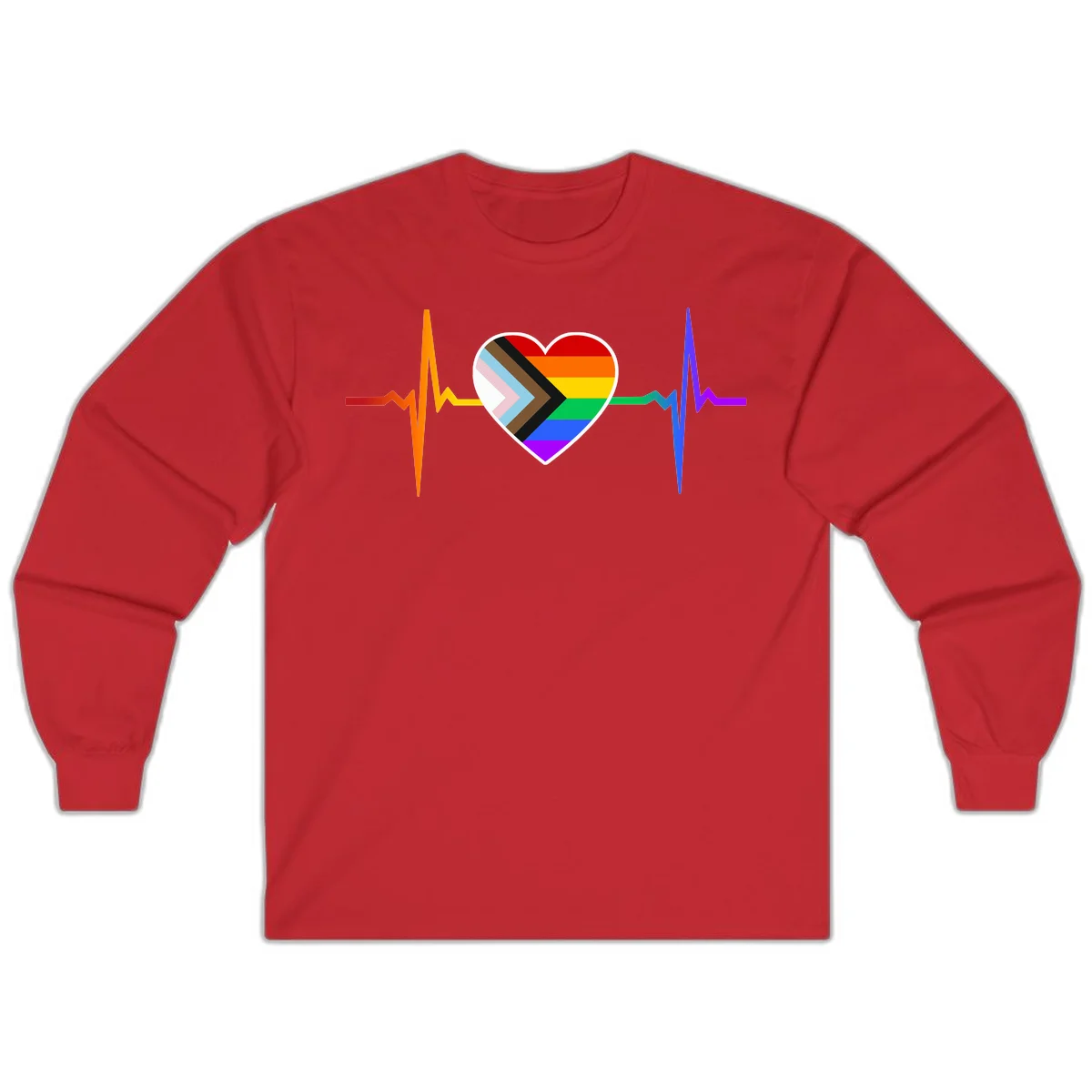 Progress pride heartbeat design featuring a rainbow heart with progress chevron arrow and electrocardiogram pulse line in Red