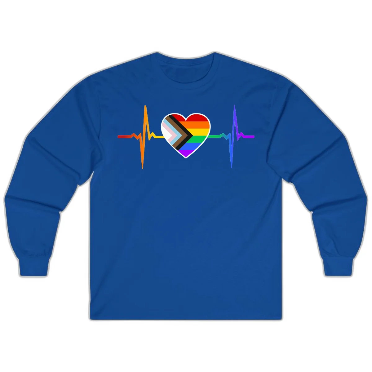 Progress pride heartbeat design featuring a rainbow heart with progress chevron arrow and electrocardiogram pulse line in Royal