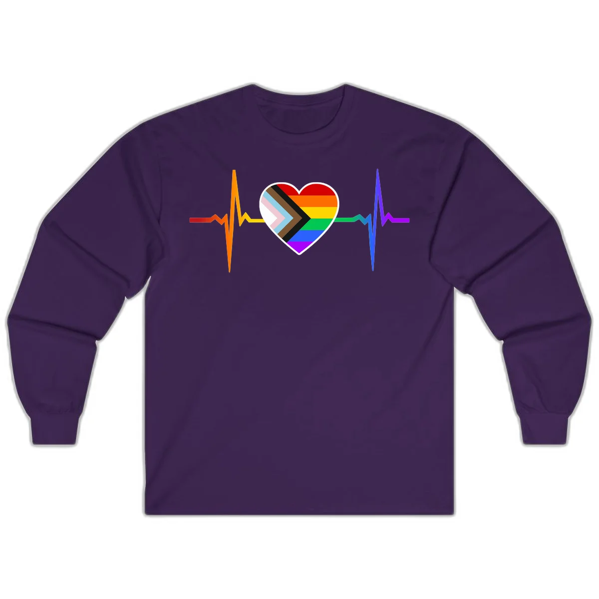 Progress pride heartbeat design featuring a rainbow heart with progress chevron arrow and electrocardiogram pulse line in Purple