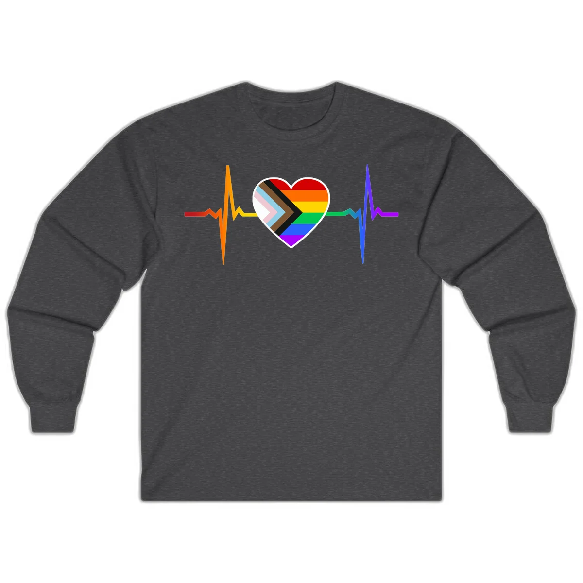 Progress pride heartbeat design featuring a rainbow heart with progress chevron arrow and electrocardiogram pulse line in Dark Heather