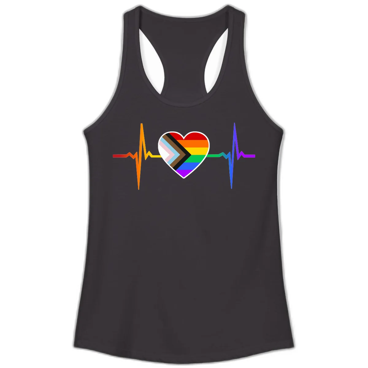 Progress pride heartbeat design featuring a rainbow heart with progress chevron arrow and electrocardiogram pulse line in Black