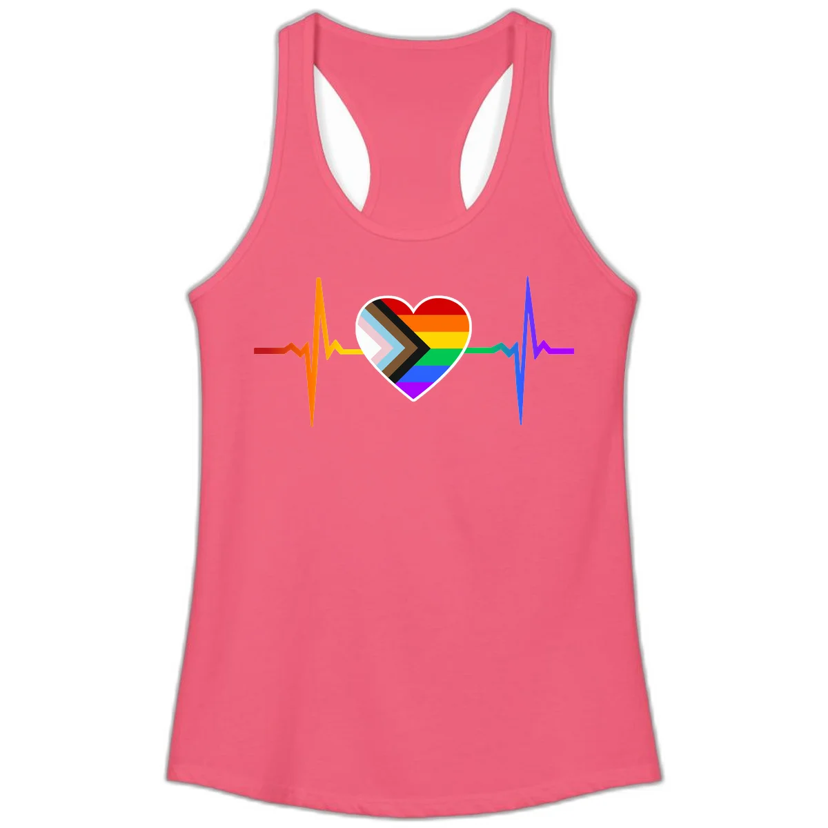 Progress pride heartbeat design featuring a rainbow heart with progress chevron arrow and electrocardiogram pulse line in Hot Pink