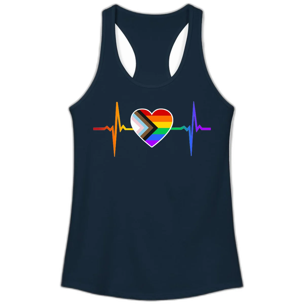 Progress pride heartbeat design featuring a rainbow heart with progress chevron arrow and electrocardiogram pulse line in Solid Midnight Navy