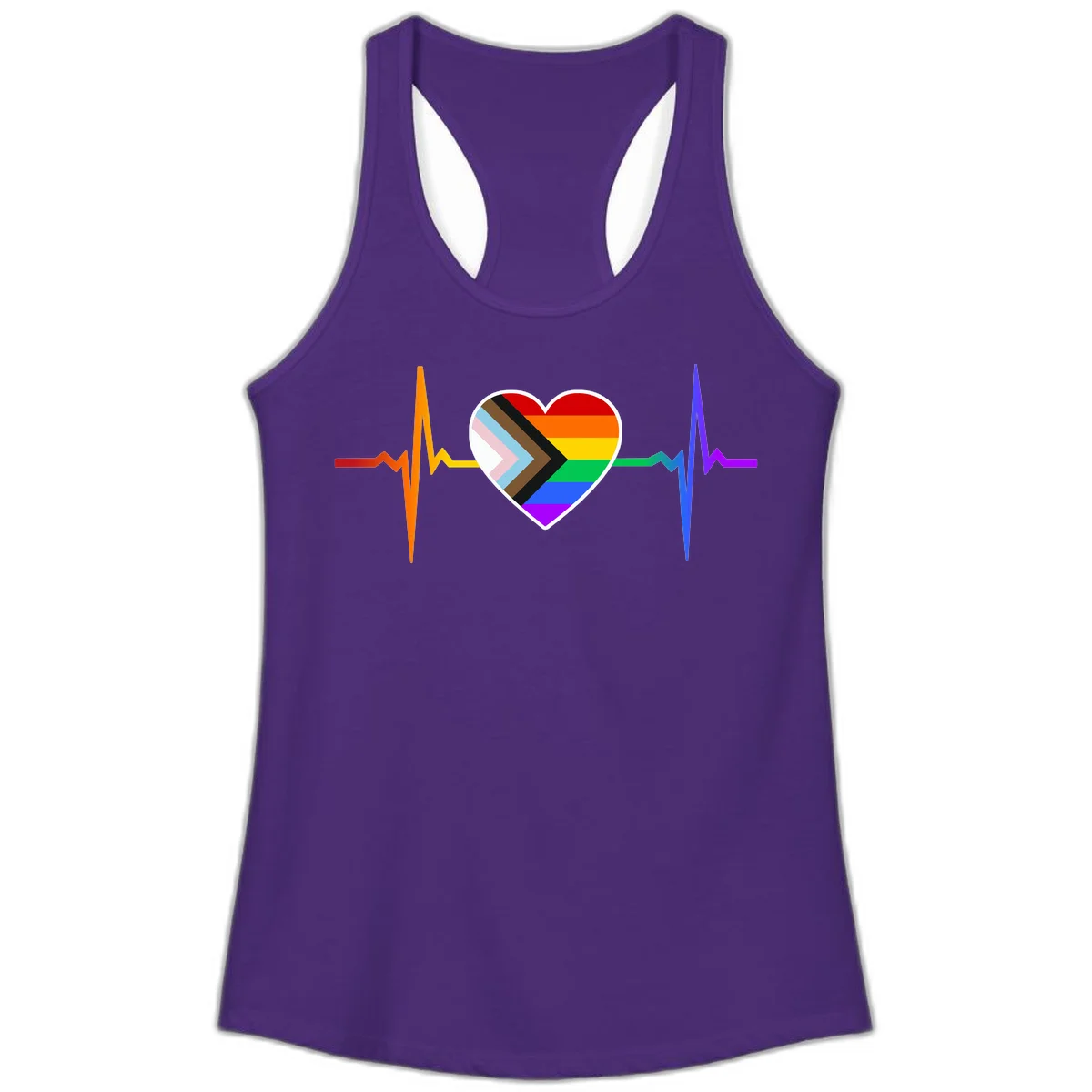 Progress pride heartbeat design featuring a rainbow heart with progress chevron arrow and electrocardiogram pulse line in Solid Purple Rush