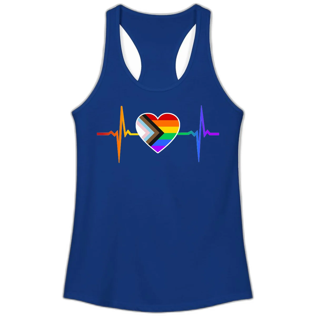 Progress pride heartbeat design featuring a rainbow heart with progress chevron arrow and electrocardiogram pulse line in Solid Royal