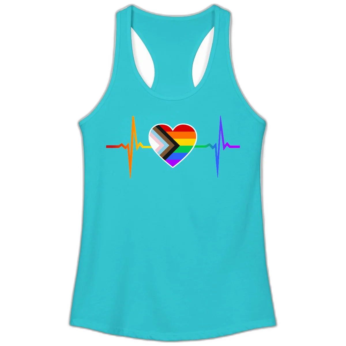 Progress pride heartbeat design featuring a rainbow heart with progress chevron arrow and electrocardiogram pulse line in Solid Tahiti Blue