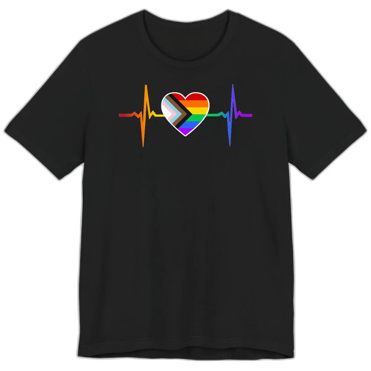 Progress pride heartbeat design featuring a rainbow heart with progress chevron arrow and electrocardiogram pulse line in Black