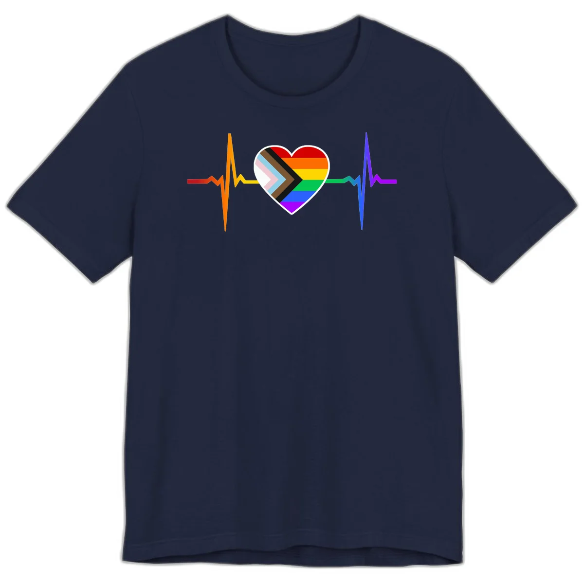 Progress pride heartbeat design featuring a rainbow heart with progress chevron arrow and electrocardiogram pulse line in Navy