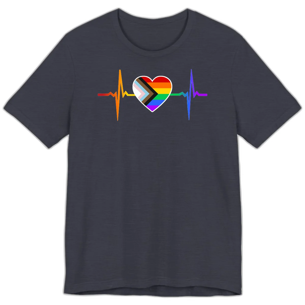 Progress pride heartbeat design featuring a rainbow heart with progress chevron arrow and electrocardiogram pulse line in Heather Midnight Navy