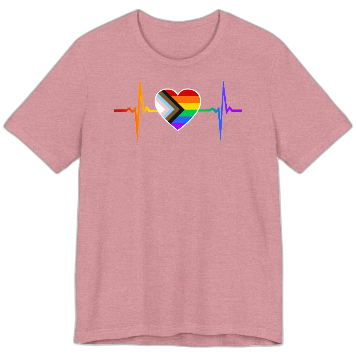 Progress pride heartbeat design featuring a rainbow heart with progress chevron arrow and electrocardiogram pulse line in Heather Orchid