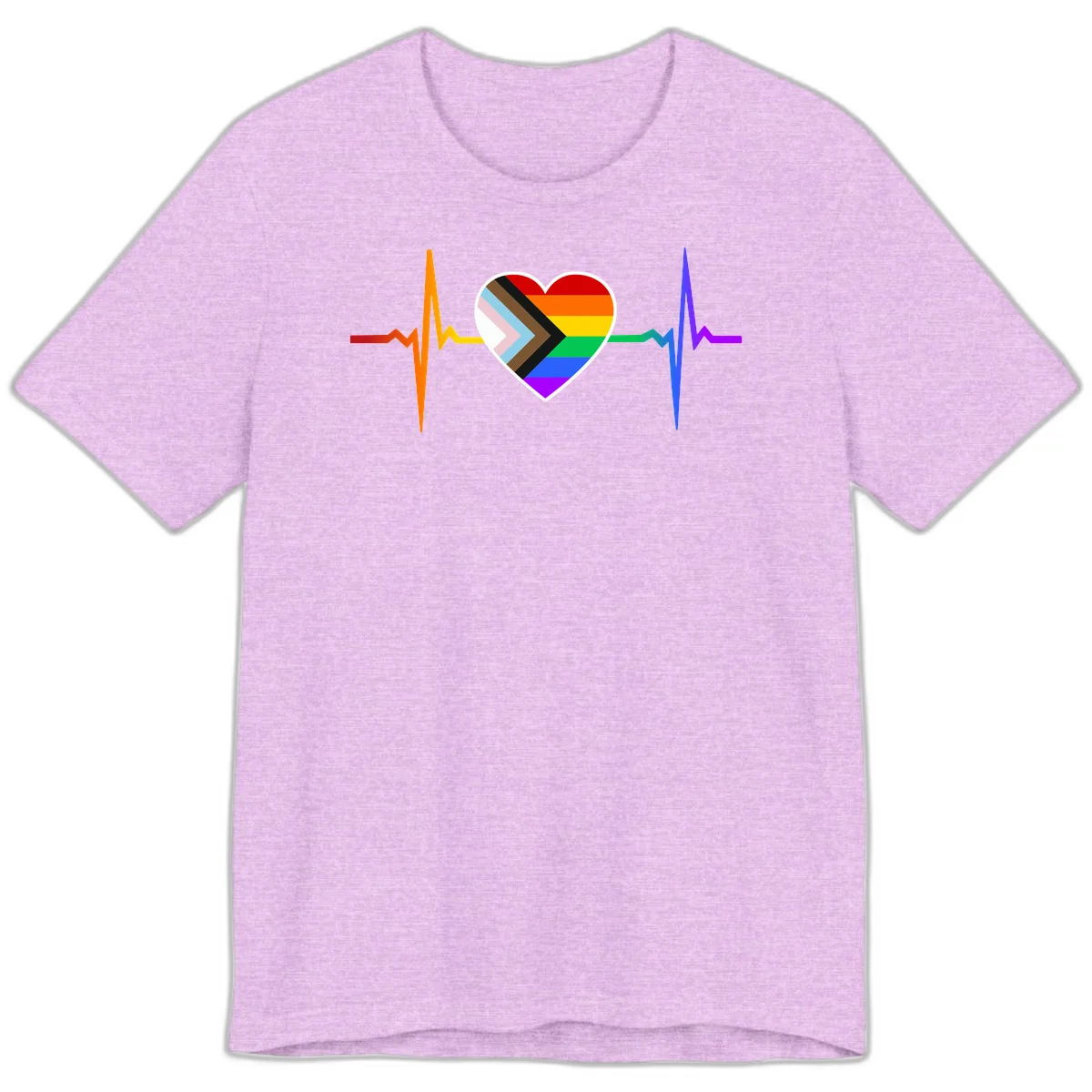 Progress pride heartbeat design featuring a rainbow heart with progress chevron arrow and electrocardiogram pulse line in Heather Prism Lilac