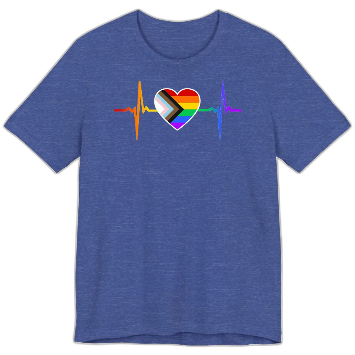 Progress pride heartbeat design featuring a rainbow heart with progress chevron arrow and electrocardiogram pulse line in Heather True Royal