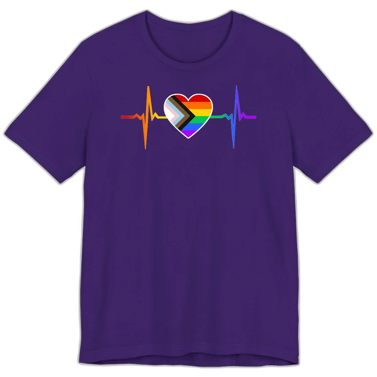 Progress pride heartbeat design featuring a rainbow heart with progress chevron arrow and electrocardiogram pulse line in Team Purple