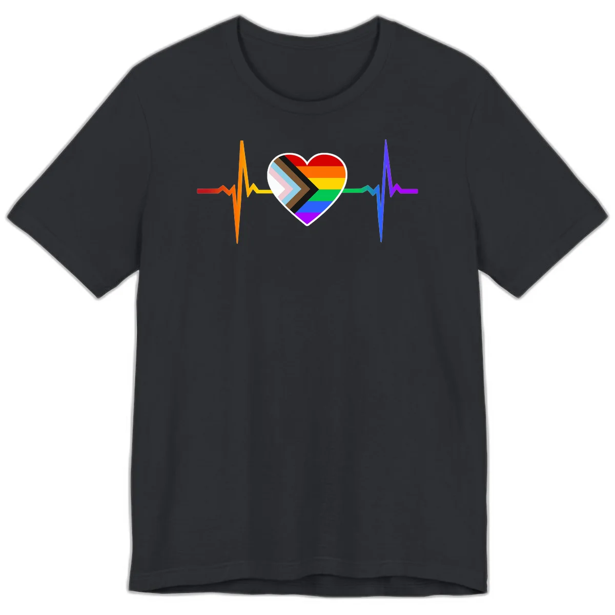 Progress pride heartbeat design featuring a rainbow heart with progress chevron arrow and electrocardiogram pulse line in Vintage Black