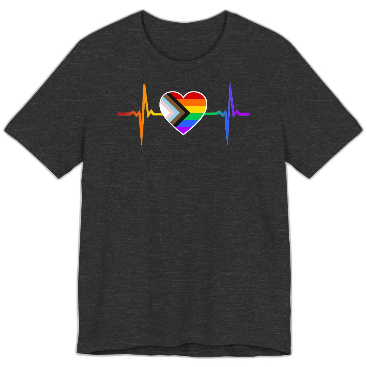 Progress pride heartbeat design featuring a rainbow heart with progress chevron arrow and electrocardiogram pulse line in Dark Grey Heather