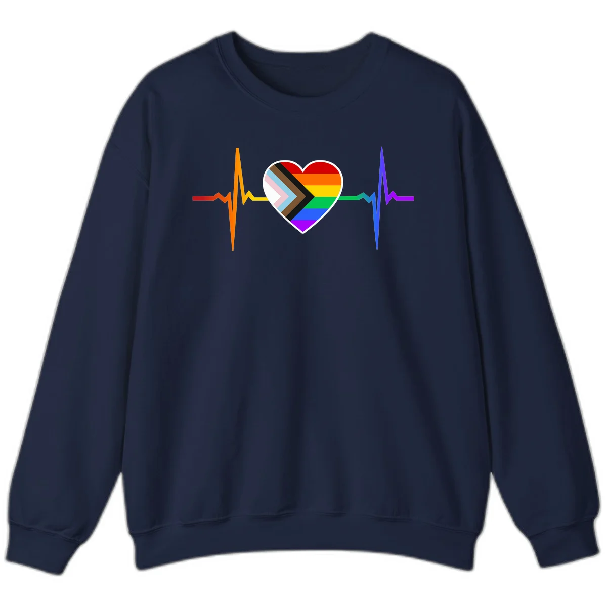 Progress pride heartbeat design featuring a rainbow heart with progress chevron arrow and electrocardiogram pulse line in Navy