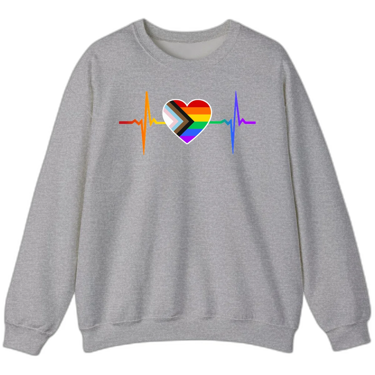 Progress pride heartbeat design featuring a rainbow heart with progress chevron arrow and electrocardiogram pulse line in Sport Grey