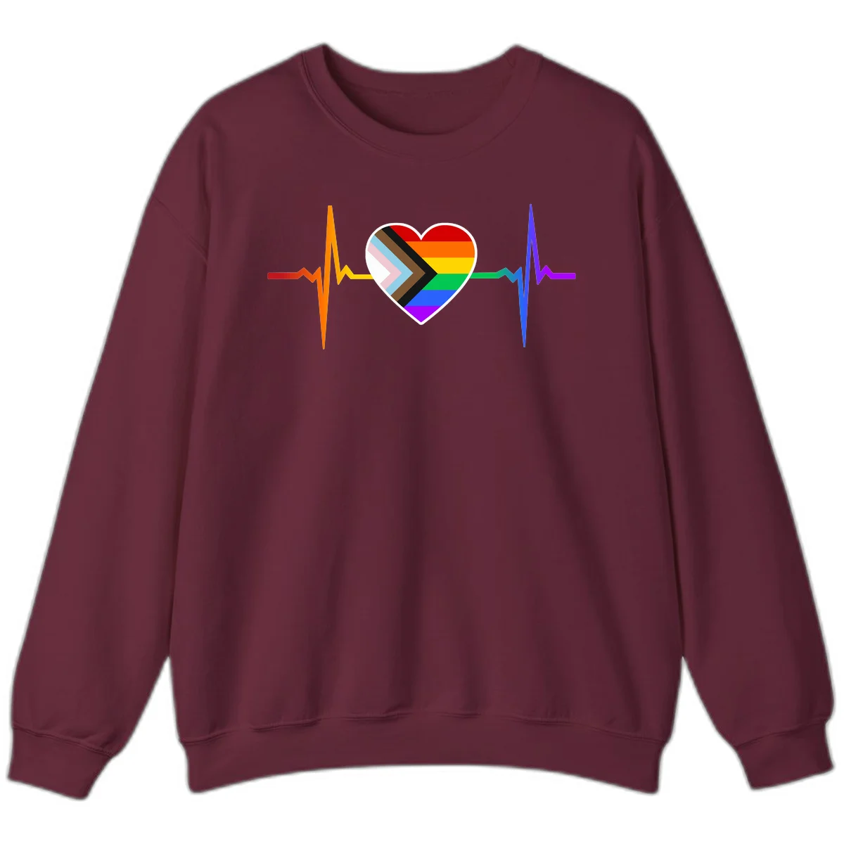 Progress pride heartbeat design featuring a rainbow heart with progress chevron arrow and electrocardiogram pulse line in Maroon