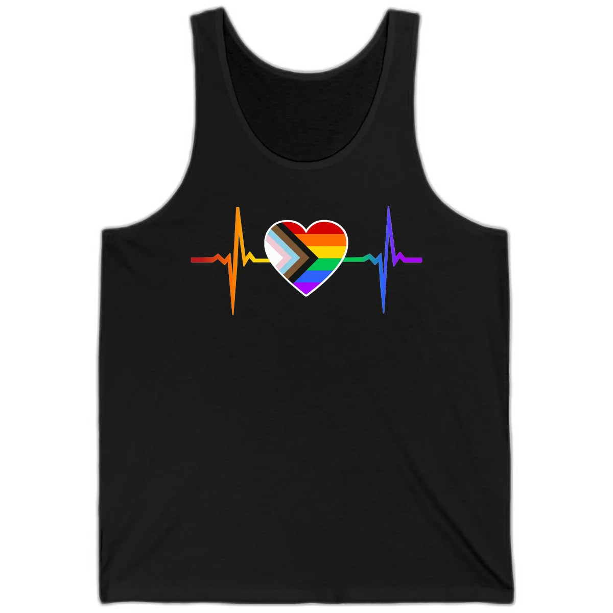 Progress pride heartbeat design featuring a rainbow heart with progress chevron arrow and electrocardiogram pulse line in Black