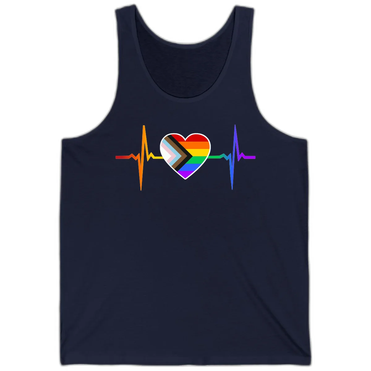 Progress pride heartbeat design featuring a rainbow heart with progress chevron arrow and electrocardiogram pulse line in Navy