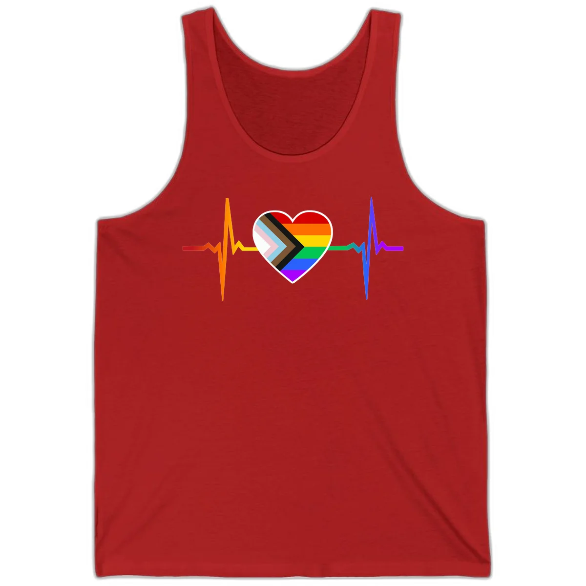 Progress pride heartbeat design featuring a rainbow heart with progress chevron arrow and electrocardiogram pulse line in Red