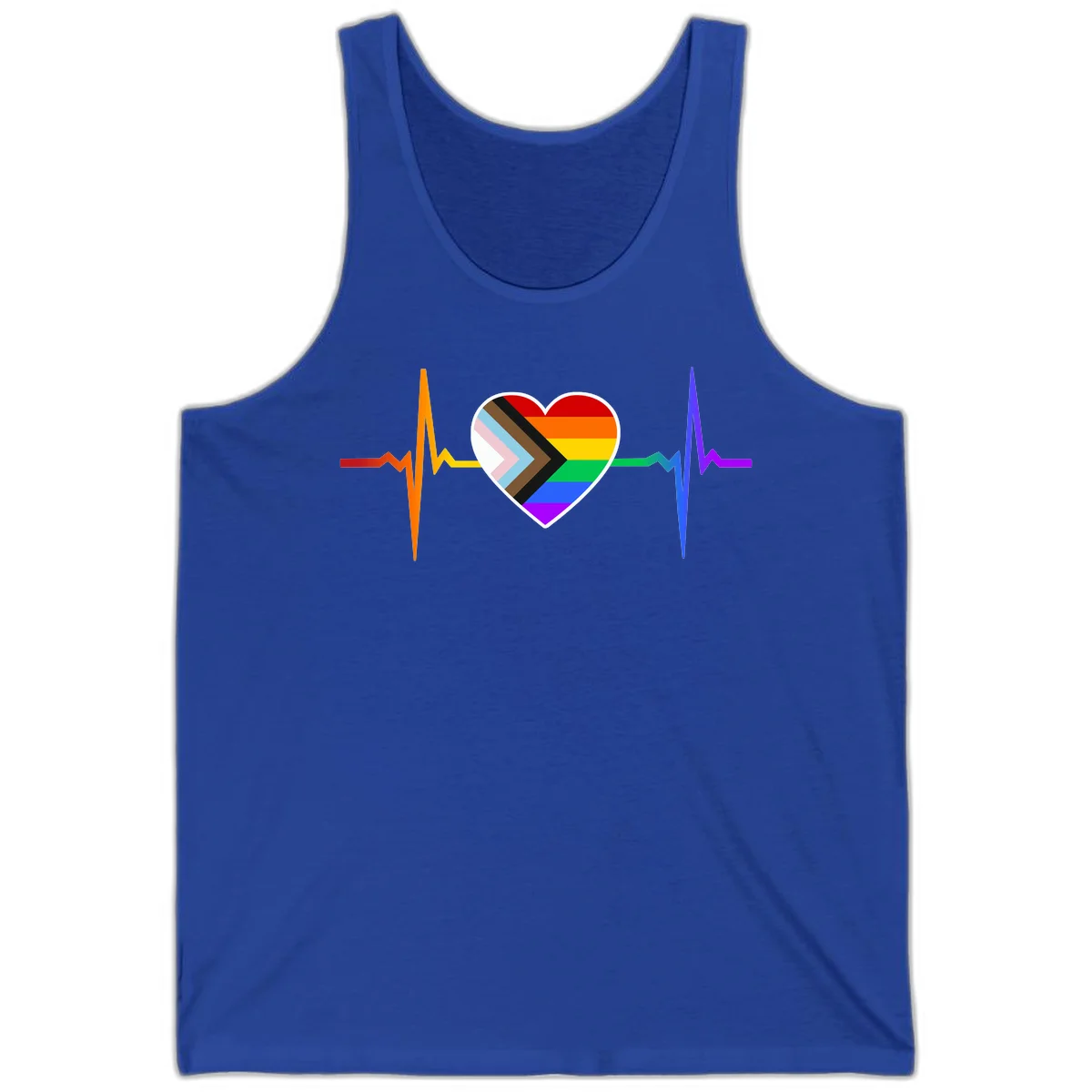 Progress pride heartbeat design featuring a rainbow heart with progress chevron arrow and electrocardiogram pulse line in True Royal