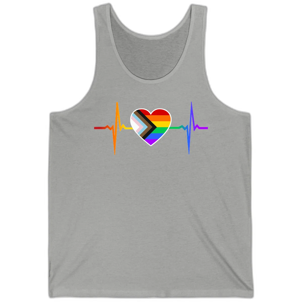 Progress pride heartbeat design featuring a rainbow heart with progress chevron arrow and electrocardiogram pulse line in Athletic Heather
