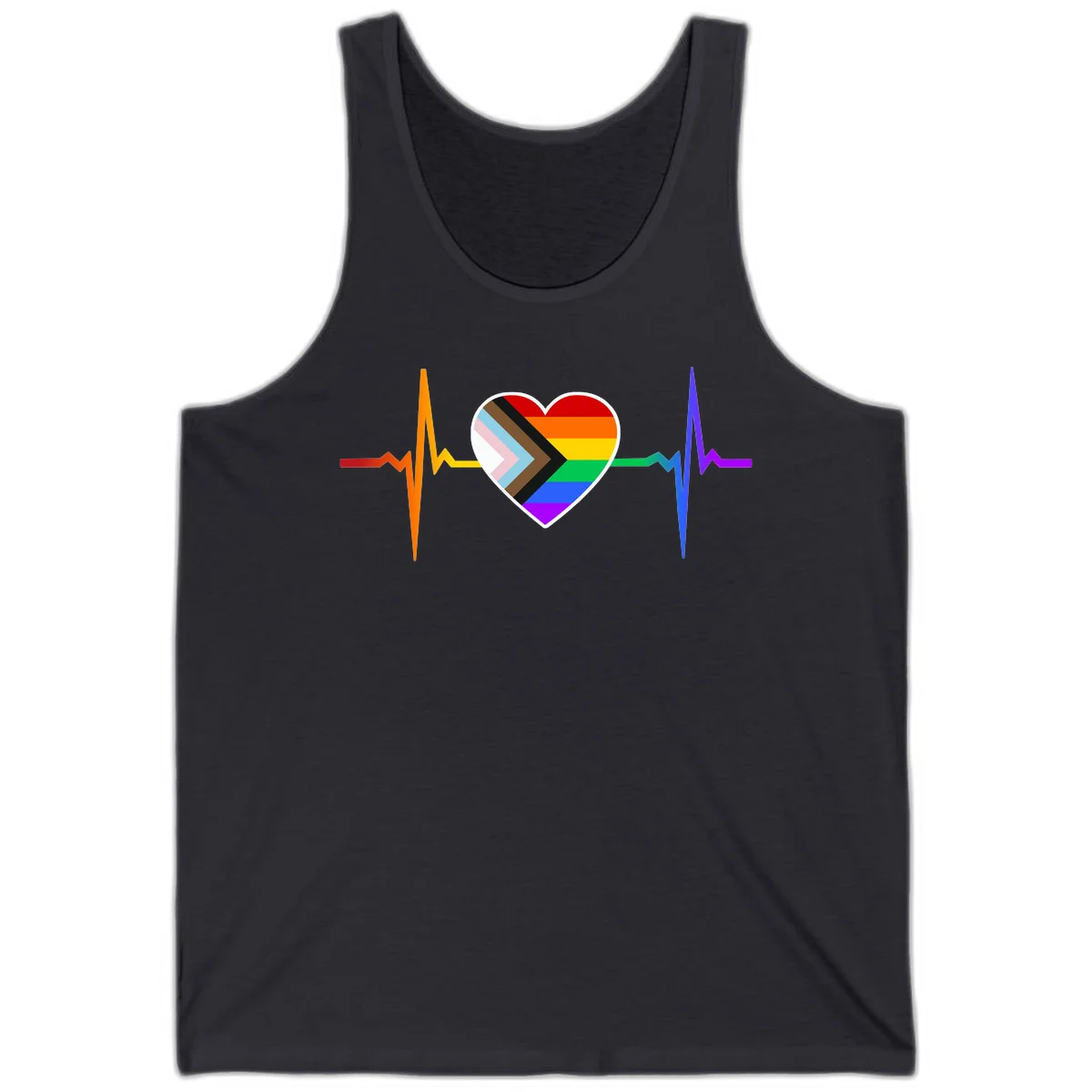 Progress pride heartbeat design featuring a rainbow heart with progress chevron arrow and electrocardiogram pulse line in Dark Grey