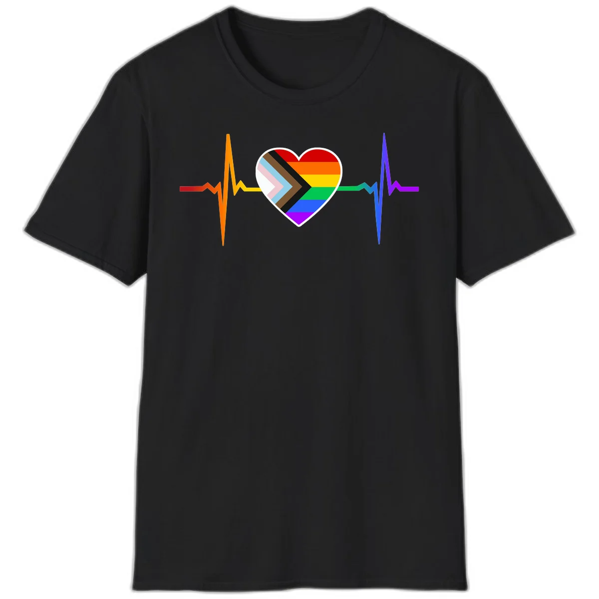 Progress pride heartbeat design featuring a rainbow heart with progress chevron arrow and electrocardiogram pulse line in Black