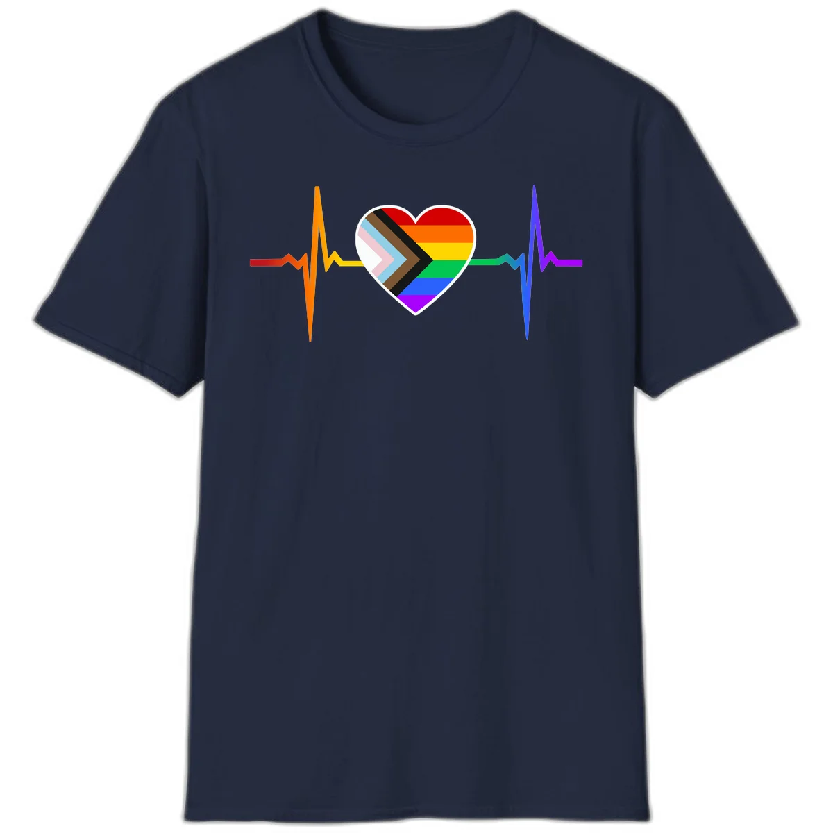 Progress pride heartbeat design featuring a rainbow heart with progress chevron arrow and electrocardiogram pulse line in Navy