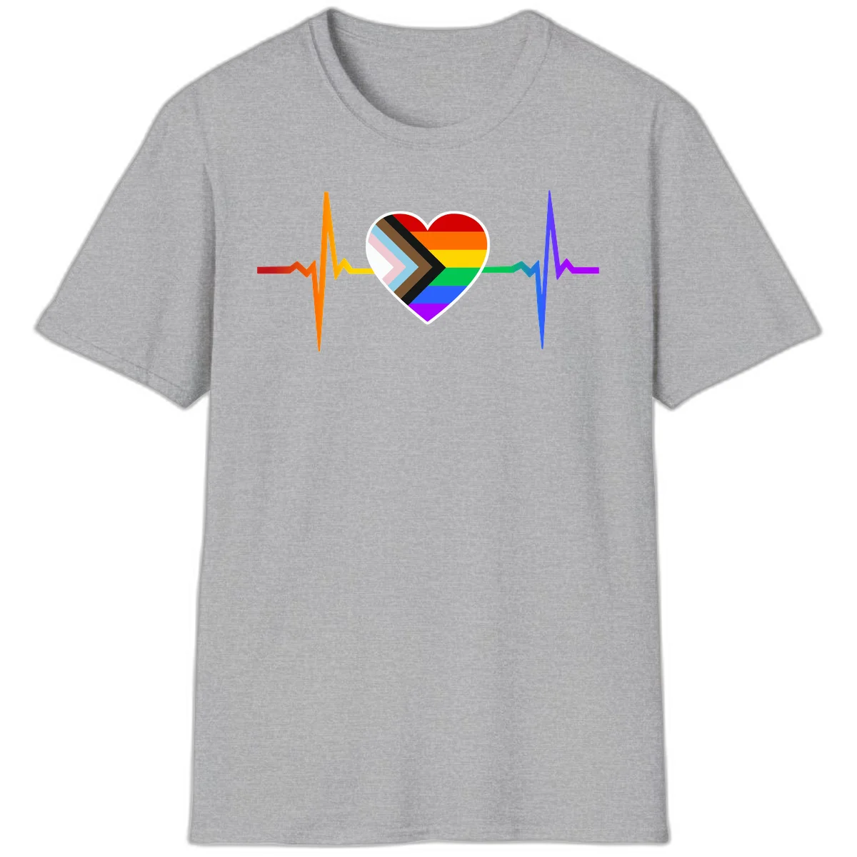 Progress pride heartbeat design featuring a rainbow heart with progress chevron arrow and electrocardiogram pulse line in Sport Grey