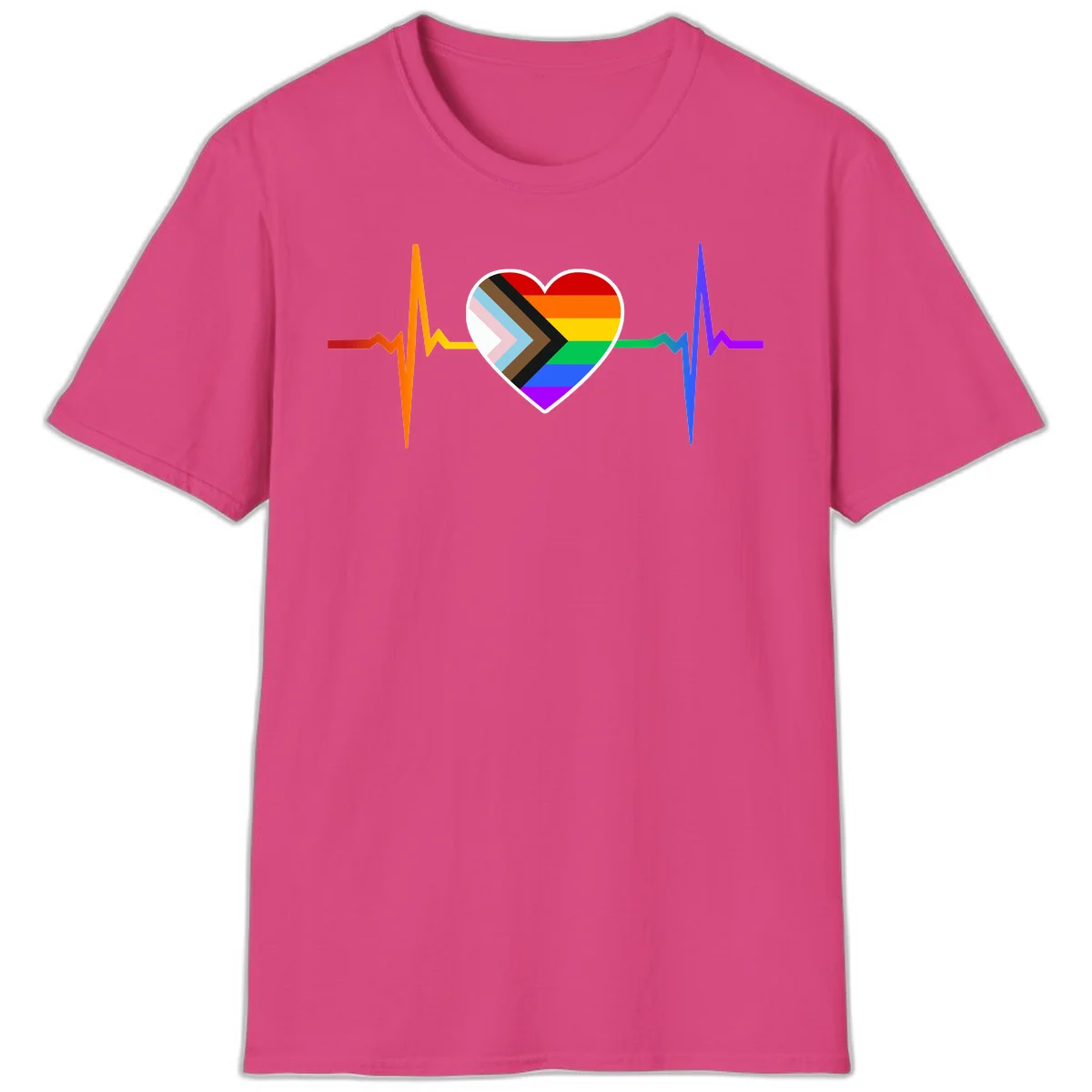 Progress pride heartbeat design featuring a rainbow heart with progress chevron arrow and electrocardiogram pulse line in Heliconia