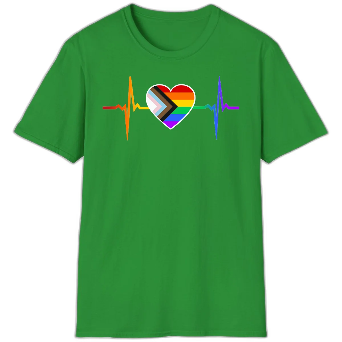 Progress pride heartbeat design featuring a rainbow heart with progress chevron arrow and electrocardiogram pulse line in Irish Green